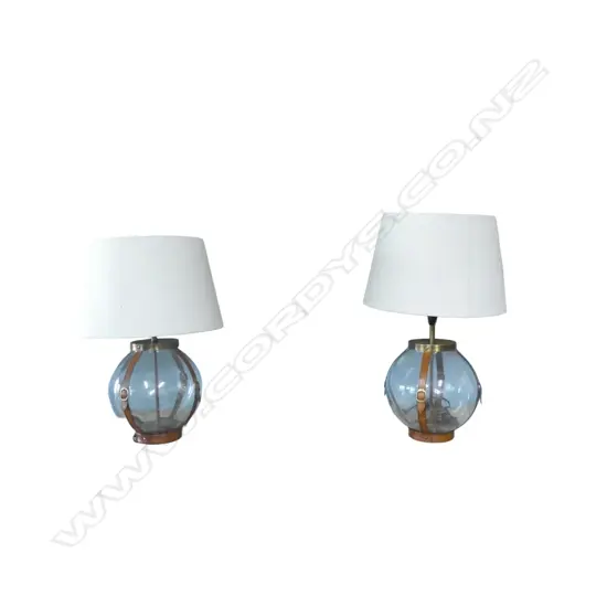 PR GLASS ORB TABLE LAMPS leather straps, one shade faulted H.665mm