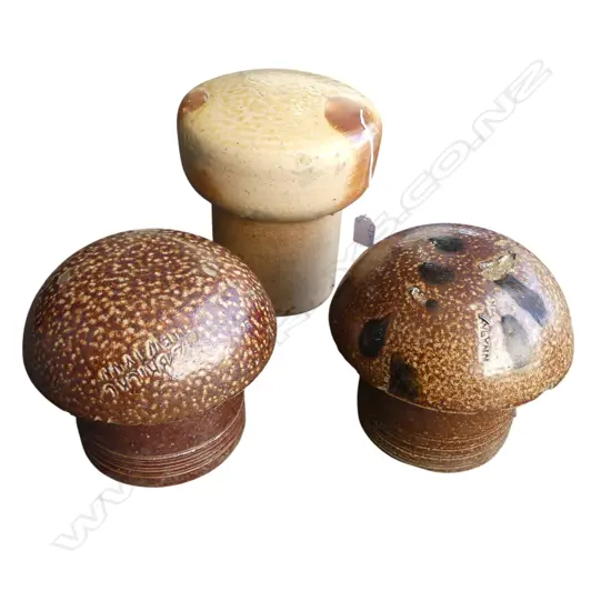 3 SALT GLAZED 'MUSHROOM' PIPE VENTS H.220mm - 2 NZ BRICK CO., 1 CRUM