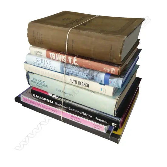 9 BOOKS ON NZ WAR INVOLVEMENT: 'The NZ Division' vol2 1921 + 'The Great NZ Myth' by Simmons + Gallipoli + 'Massacre at P