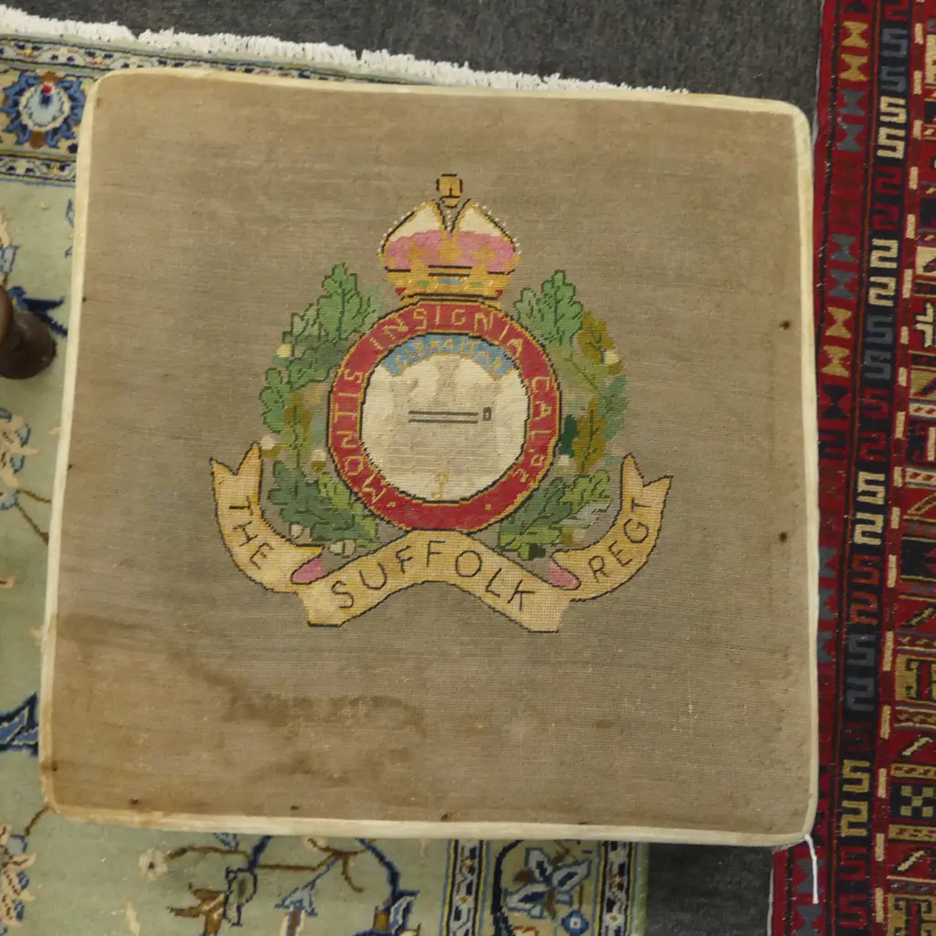 VINTAGE NEEDLEWORK FOOT STOOL 'THE SUFFOLK REGT' 420x420mm Image 1++