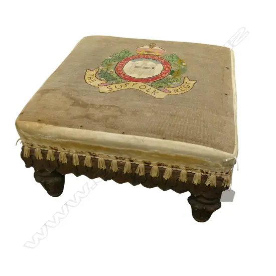 VINTAGE NEEDLEWORK FOOT STOOL 'THE SUFFOLK REGT' 420x420mm