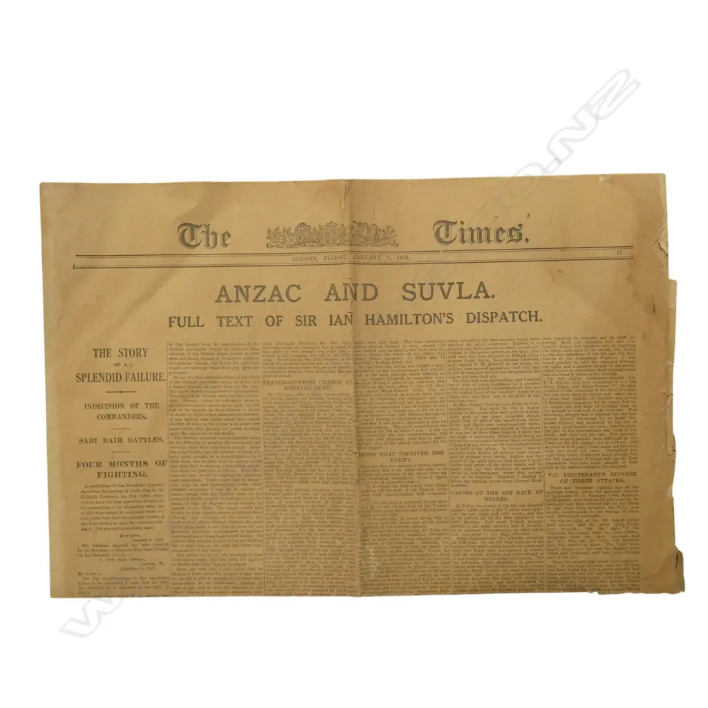WWI NEWSPAPER; THE TIMES JAN 7 1916 'ANZAC AND SUVLA: FULL TEXT OF SIRE IAN HAMILTONS DISPATCH' Image 1++