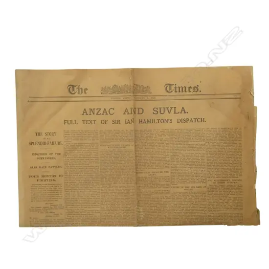 WWI NEWSPAPER; THE TIMES JAN 7 1916 'ANZAC AND SUVLA: FULL TEXT OF SIRE IAN HAMILTONS DISPATCH'