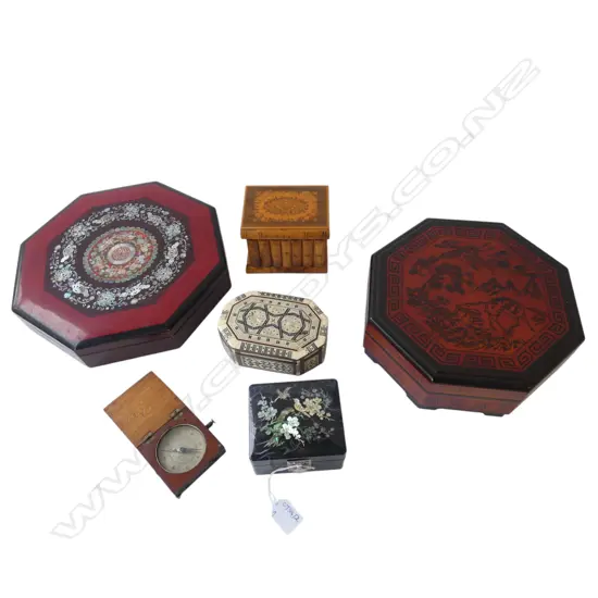 5 ASST. BOXES, 2 OCTAGONAL 295mm dia + CASED COMPASS