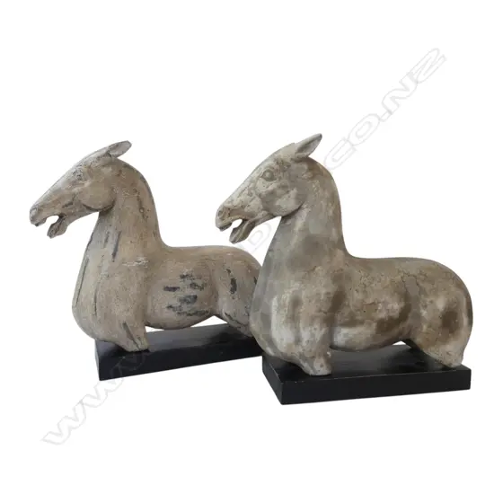 2 HEAVY CAST HORSES on wooden stands, faults L.400mm APPROX.