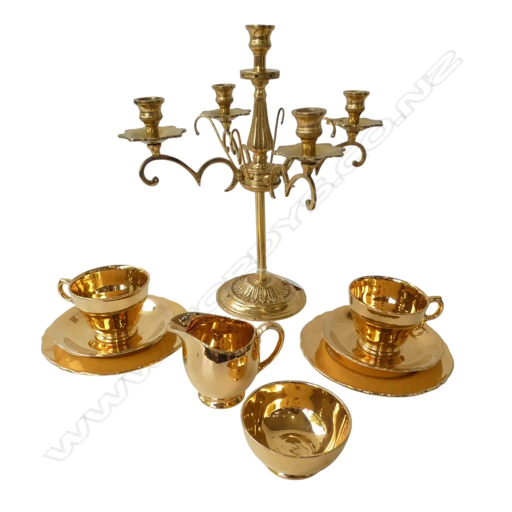 BRASS CANDLESTICK H.340mm (+BOX OF CRYSTAL DROPS ETC) + 8 PCE ROYAL WINTON GOLD TEA SET Image 1++