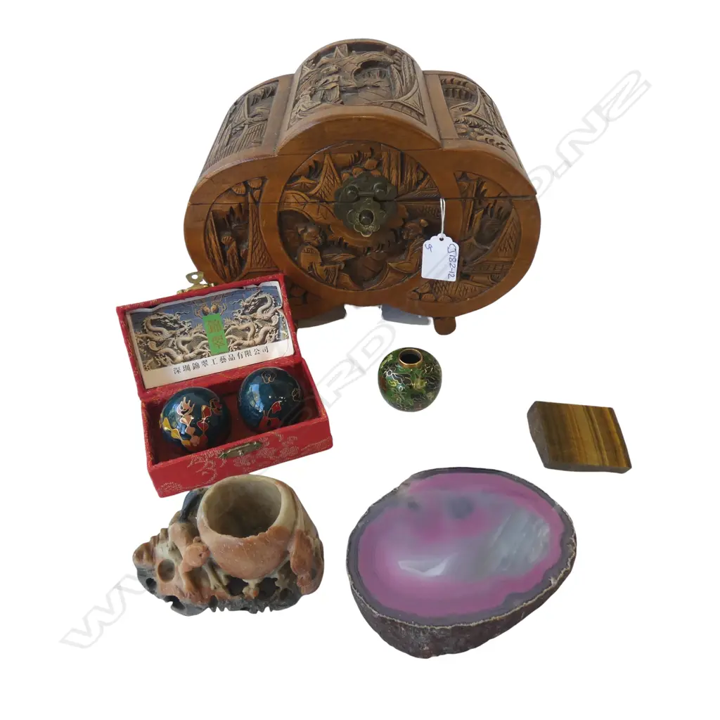 CAMPHOR JEWELLERY BOX H.170mm, CLOISONNE GINGER JAR, CARVED STONE & 2 MINERALS  Image 1++