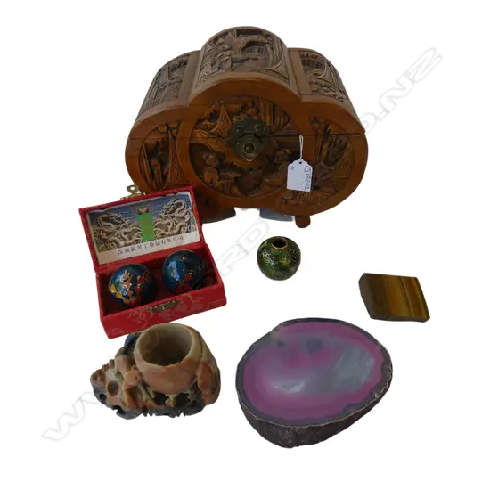 CAMPHOR JEWELLERY BOX H.170mm, CLOISONNE GINGER JAR, CARVED STONE & 2 MINERALS 