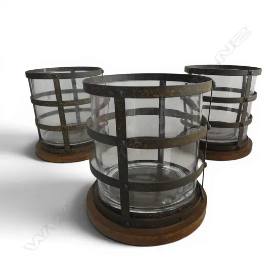 3 GLASS VASES IN METAL BOUND STANDS H.255mm