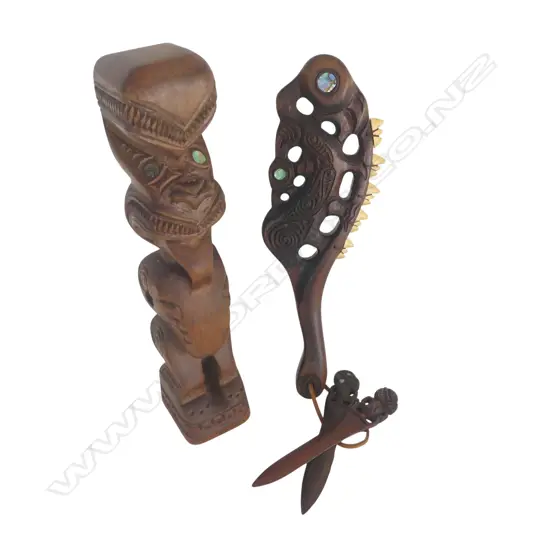 4 CARVED WOODEN MAORI PIECES; TIKI FIGURE H.415mm, PATU, 2 LETTER OPENERS