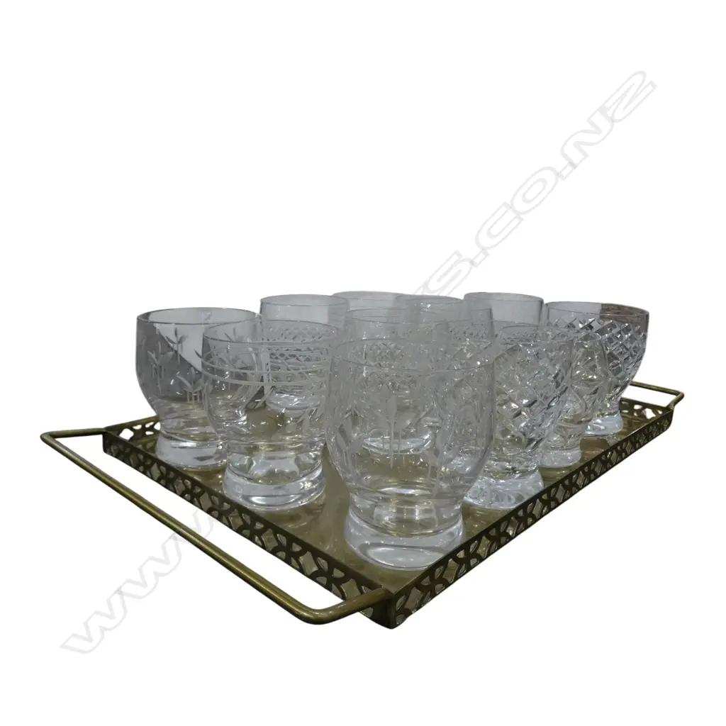 6 PAIRS OF VINTAGE CUT CRYSTAL TUMBLERS & BRASS TRAY STUART CRYSTAL etc, H.90MM Image 1++