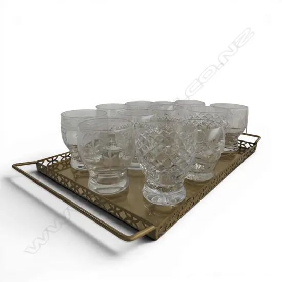 6 PAIRS OF VINTAGE CUT CRYSTAL TUMBLERS & BRASS TRAY STUART CRYSTAL etc, H.90MM