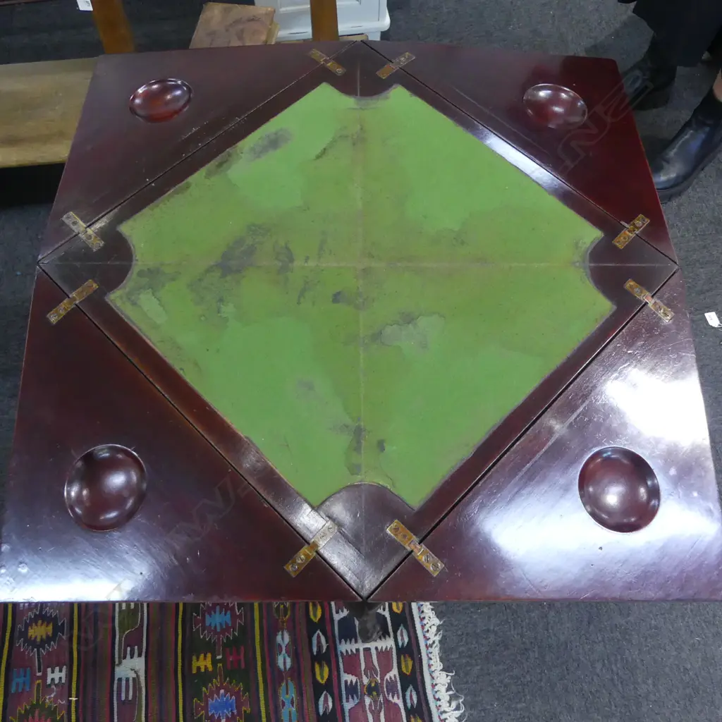 EDWARDIAN MAHOGANY ENVELOPE FOLDING CARD TABLE. Single drawer. shaped legs. 570 x 570 x 720mm Image 1++