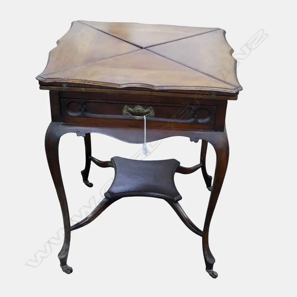 EDWARDIAN MAHOGANY ENVELOPE FOLDING CARD TABLE. Single drawer. shaped legs. 570 x 570 x 720mm Image 1++
