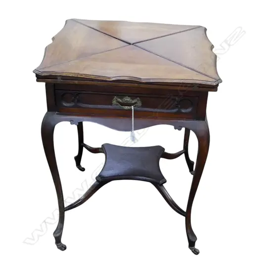 EDWARDIAN MAHOGANY ENVELOPE FOLDING CARD TABLE. Single drawer. shaped legs. 570 x 570 x 720mm