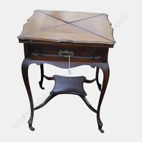 EDWARDIAN MAHOGANY ENVELOPE FOLDING CARD TABLE. Single drawer. shaped legs. 570 x 570 x 720mm