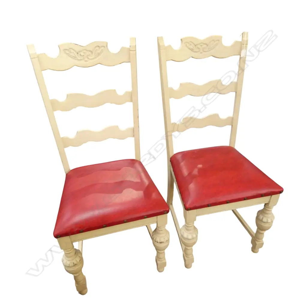 2 WHITE PAINTED DINING CHAIRS, RED VINYL SEAT Image 1++