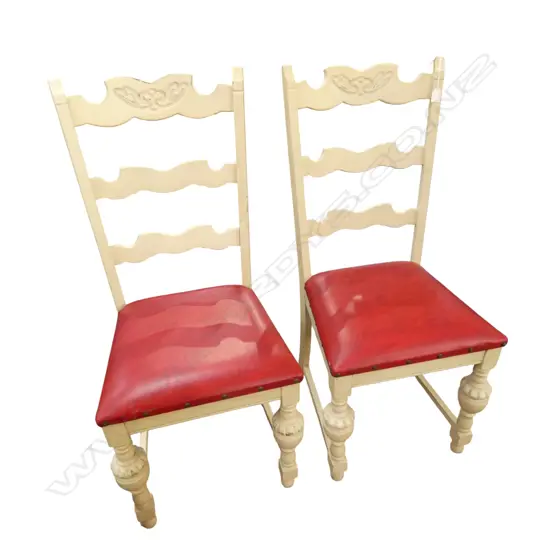 2 WHITE PAINTED DINING CHAIRS, RED VINYL SEAT