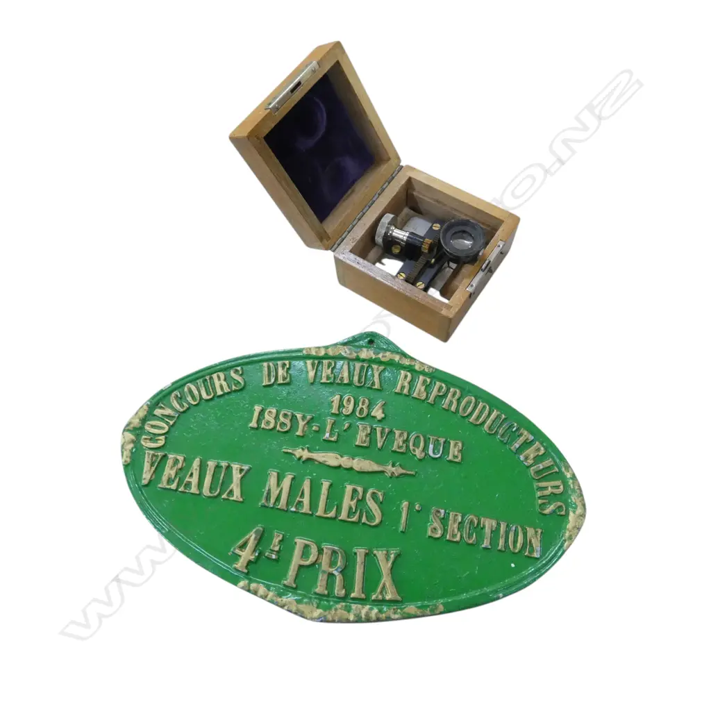 FRENCH AGRICULTURE PRIZE METAL PLAQUE 155x245mm, BOXED MEASURING TOOL WITH MICROSCOPE Image 1++