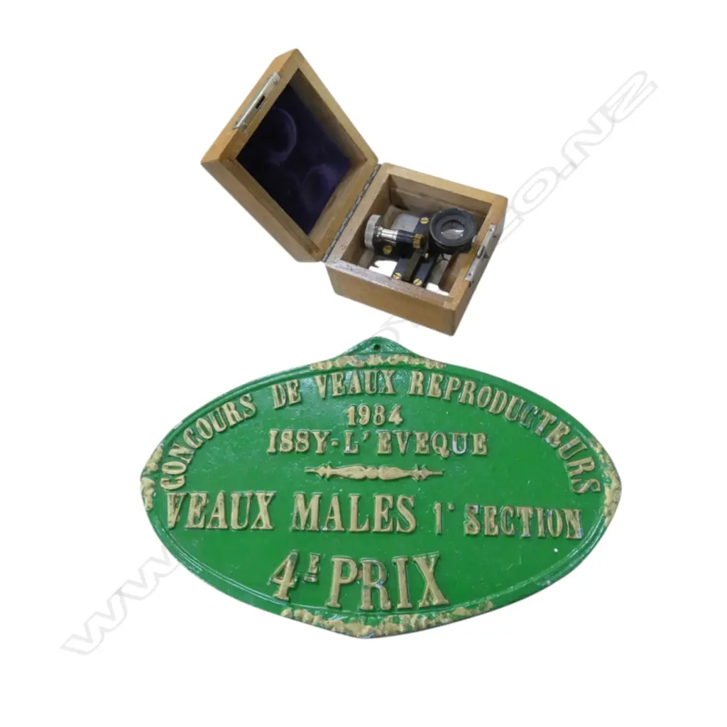FRENCH AGRICULTURE PRIZE METAL PLAQUE 155x245mm, BOXED MEASURING TOOL WITH MICROSCOPE Image 1++