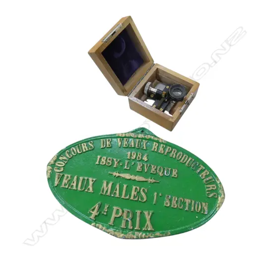 FRENCH AGRICULTURE PRIZE METAL PLAQUE 155x245mm, BOXED MEASURING TOOL WITH MICROSCOPE