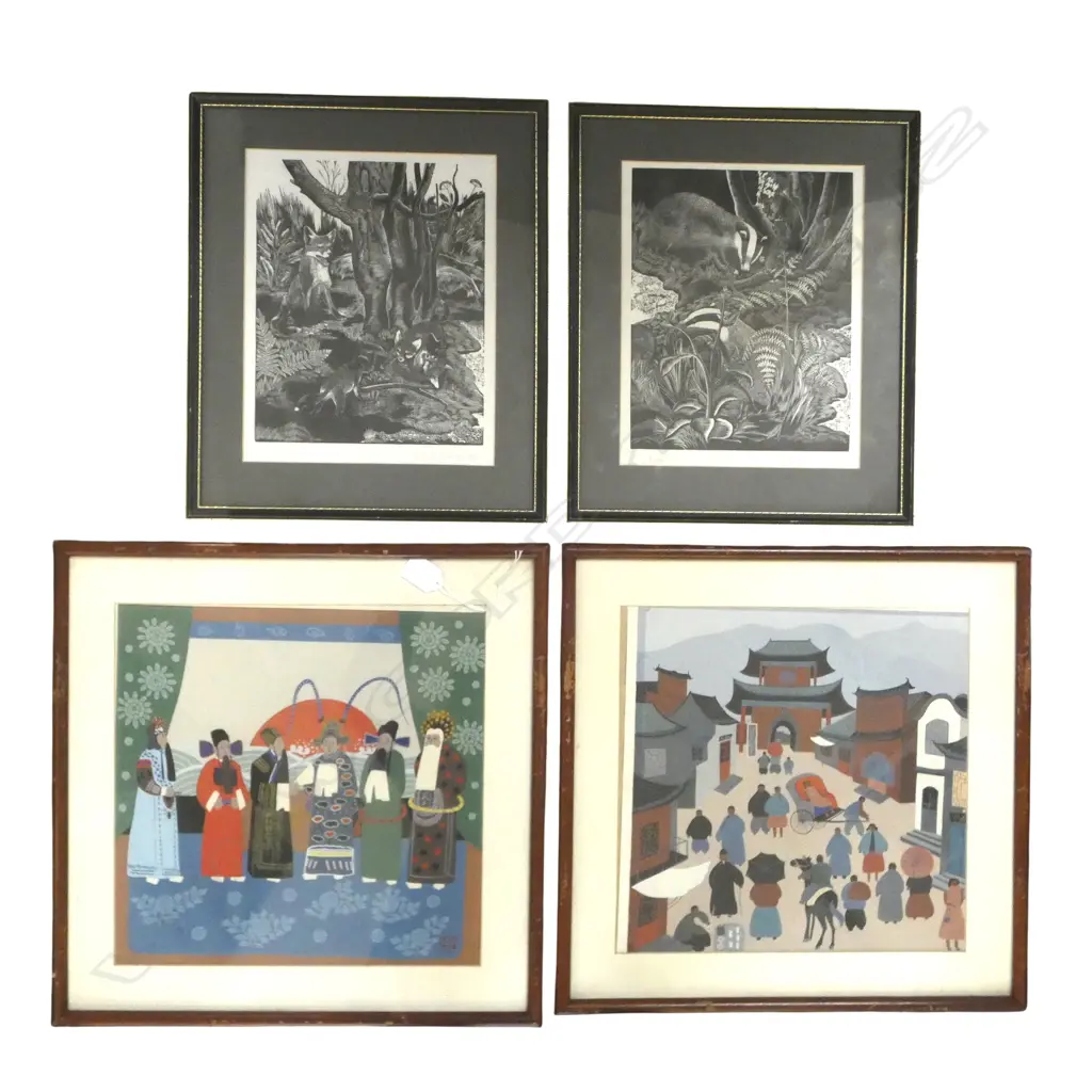 4 ARTWORKS; 2 JAPANESE ACRYLICS 320x325mm + 2 FRANCIS JOHN WINTER PRINTS 'BADGERS' & 'VIXEN & CUBS' Image 1++