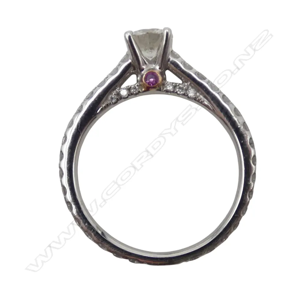 14ct W/GOLD & DIAMOND SOLITAIRE RING, R/GOLD & PINK SAPPHIRE DETAIL, 0.45ct DIAMOND, .95ct TOTAL, I+ & I1, 2.32gms Image 1++