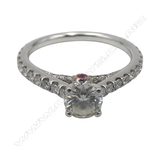 14ct W/GOLD & DIAMOND SOLITAIRE RING, R/GOLD & PINK SAPPHIRE DETAIL, 0.45ct DIAMOND, .95ct TOTAL, I+ & I1, 2.32gms