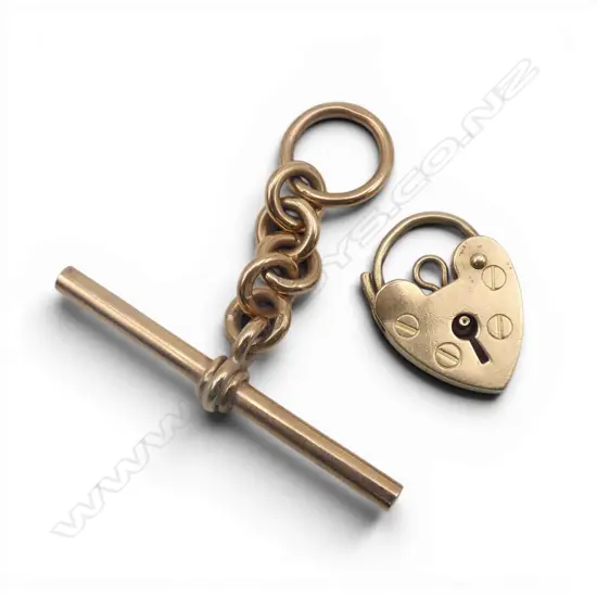 9ct GOLD T-BAR with 6 chain links + 9ct GOLD PADLOCK BRACELET CLASP. 6.36gms