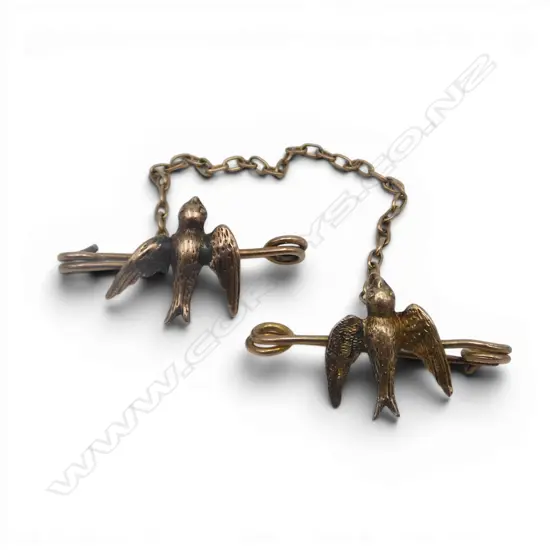 9ct VINTAGE DOUBLE SWALLOW BROOCH w CHAIN LINK, 1.66gm