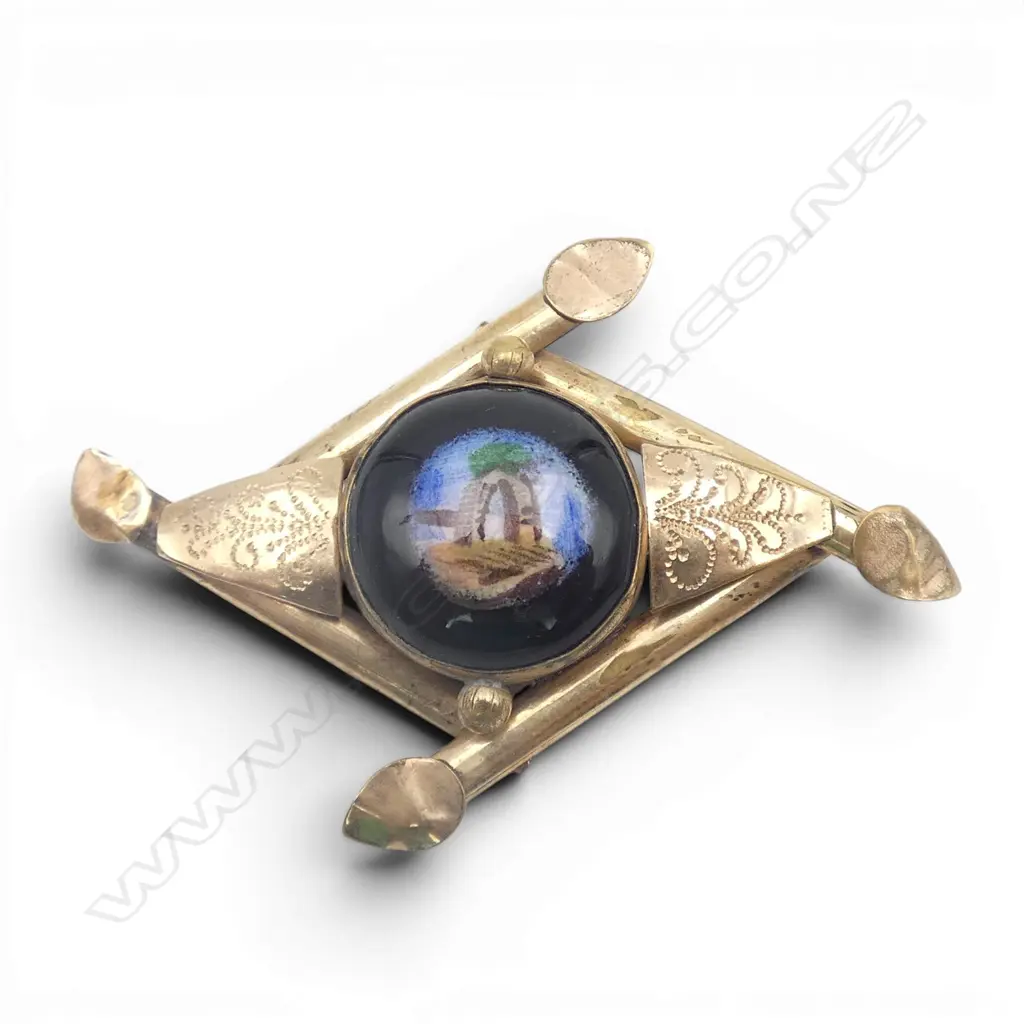 VICTORIAN PINCHBECK 'GOLD' & ARCH PAINTED black enamel panelled BROOCH Image 1++