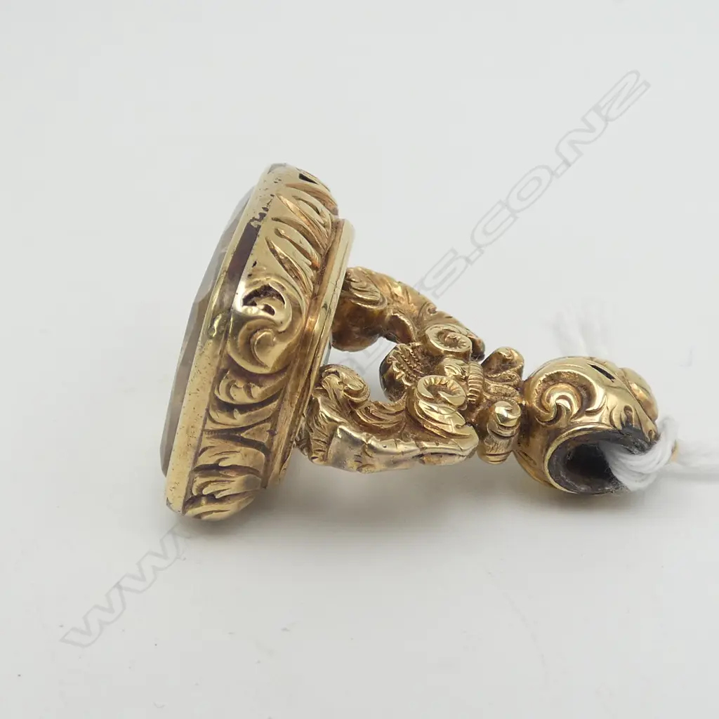 VICTORIAN FANCY 15ct GOLD & CITRINE SEAL FOB unengraved. Metal reinforced suspension. Some wear. 14gms Image 1++