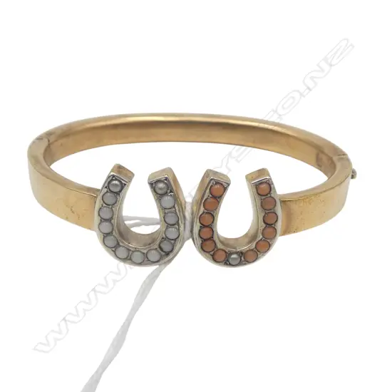 ANTIQUE ROLLED GOLD CORAL & FAUX SEED PEARL HORSESHOE BRACELET