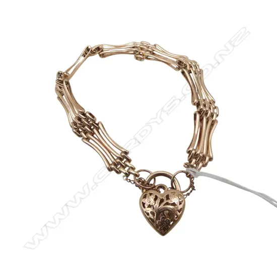 9ct ROSE GOLD GATE LINK BRACELET heart padlock 19.67gms