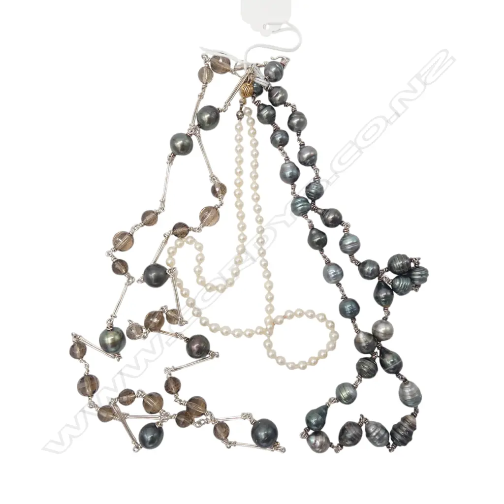 SILVER BAROQUE BLACK PEARL SMOKY QUARTZ NECKLACE/SILVER BAROQUE BLACK PEARL NECKLACE/CULTURED WHITE PEARL NECKLACE ** Image 1++