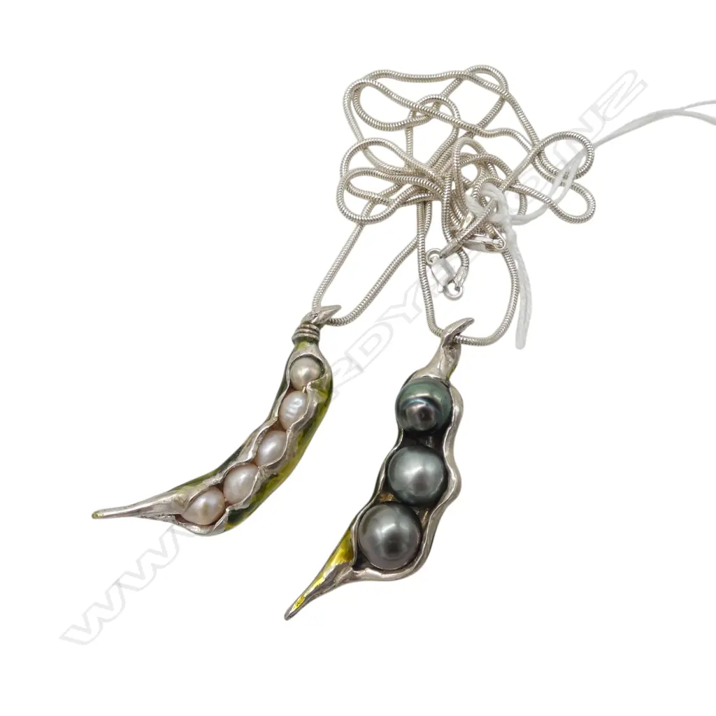 2 SIMON MISDALE SILVER & PEARL PEAPOD PENDANTS WITH CHAINS (BLACK PEARLS/WHITE PEARLS) From Simon's estate Image 1++