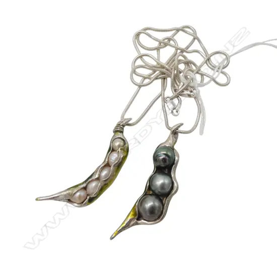 2 SIMON MISDALE SILVER & PEARL PEAPOD PENDANTS WITH CHAINS (BLACK PEARLS/WHITE PEARLS) From Simon's estate