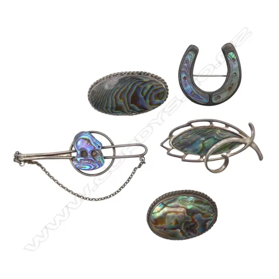 5 VINTAGE SILVER & PAUA NZ BROOCHES