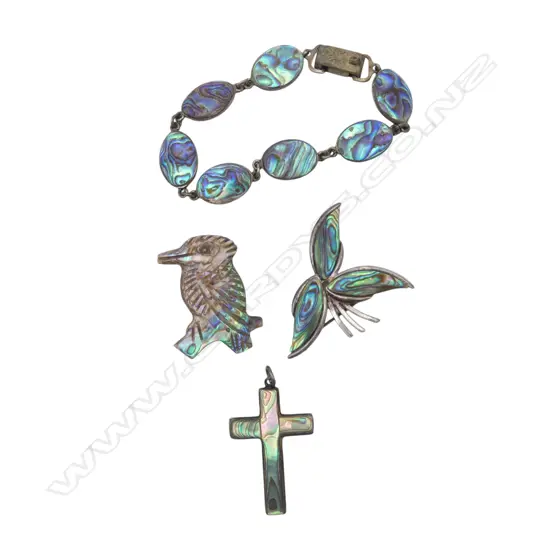4 VINTAGE SILVER & PAUA JEWELLERY PCES: bracelet + kookaburra +cross pendant + tr-form brooch 