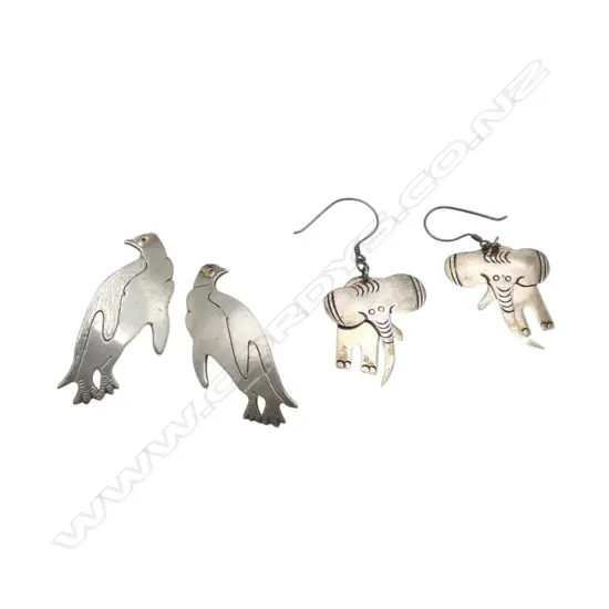 MIRROR PAIR SILVER PENGUIN BROOCHES gold eyes + PR SILVER 2 SECTION ELEPHANT EARRINGS