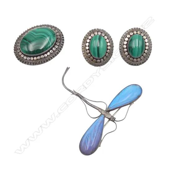 SILVER ART NOUVEAU DRAGONFLY & SILVER MALACHITE EARRING/BROOCH SET