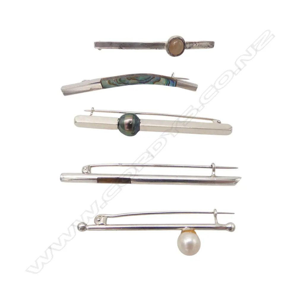FIVE SIMON MISDALE SILVER BROOCHES SET WITH PEARLS AND PAUA From Simon's estate Image 1++