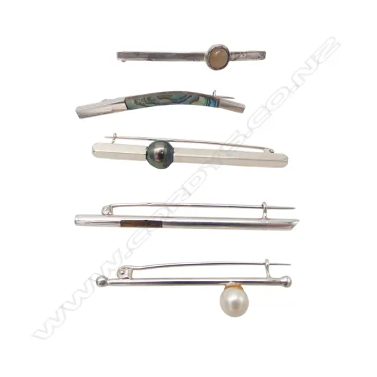 FIVE SIMON MISDALE SILVER BROOCHES SET WITH PEARLS AND PAUA From Simon's estate