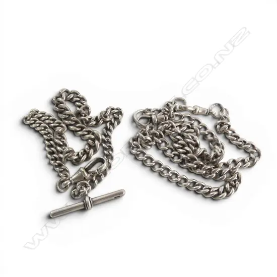 2 VINTAGE SILVER CURB LINK ALBERT CHAINS L's. 320 & 470mm.  61gms