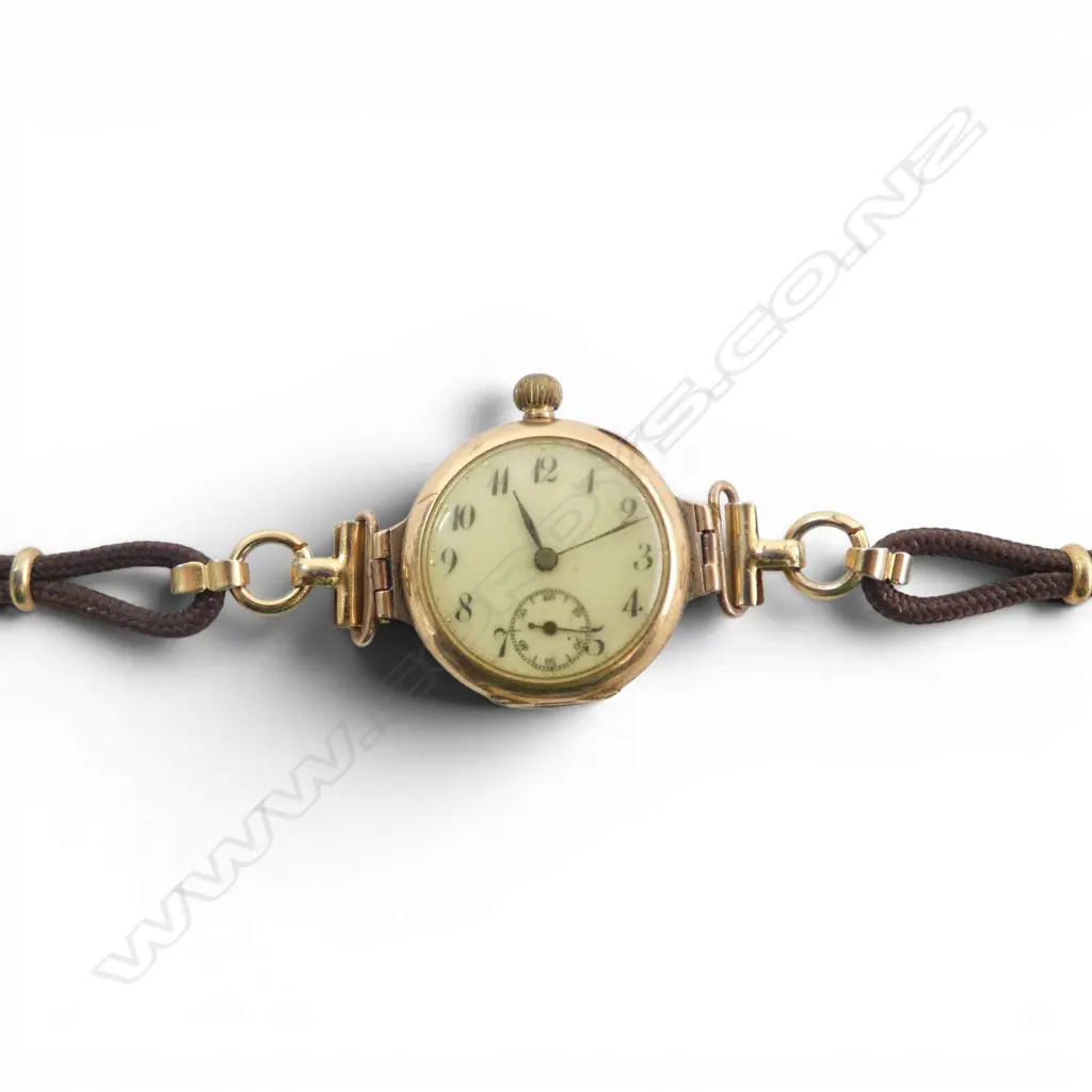 Early 20thC 14ct GOLD & violet flower ENAMEL LADIES WRIST WATCH w diamond. Cord strap. 20gms total  Image 1++