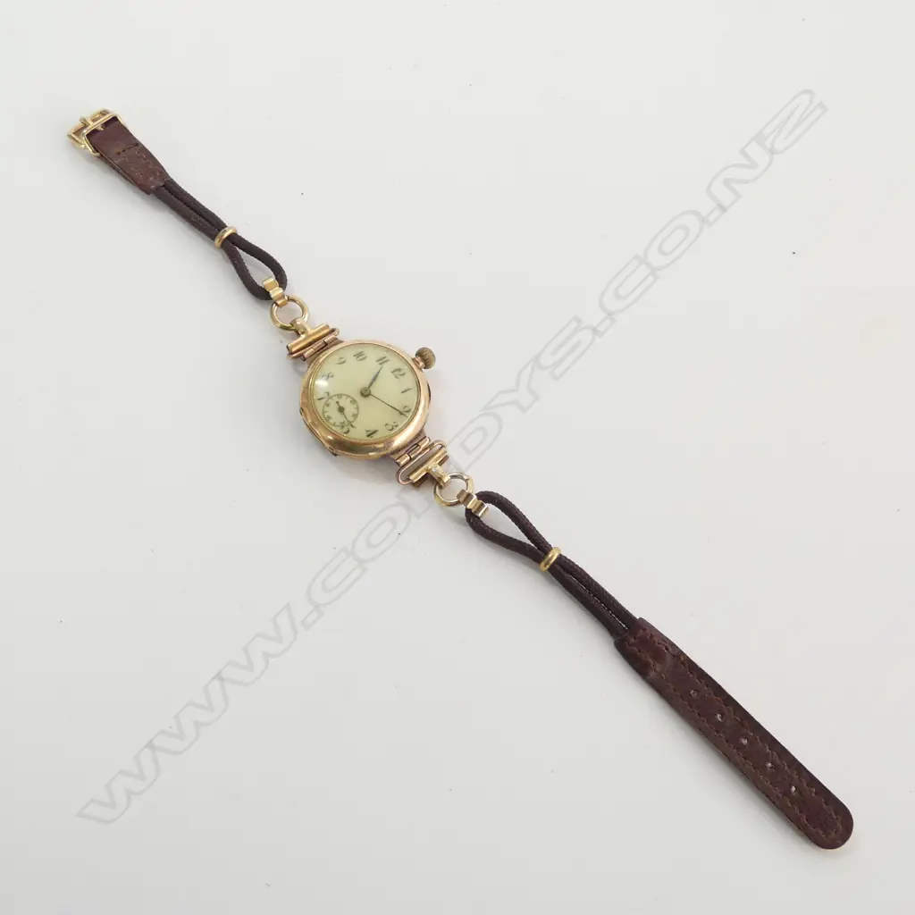 Early 20thC 14ct GOLD & violet flower ENAMEL LADIES WRIST WATCH w diamond. Cord strap. 20gms total  Image 1++