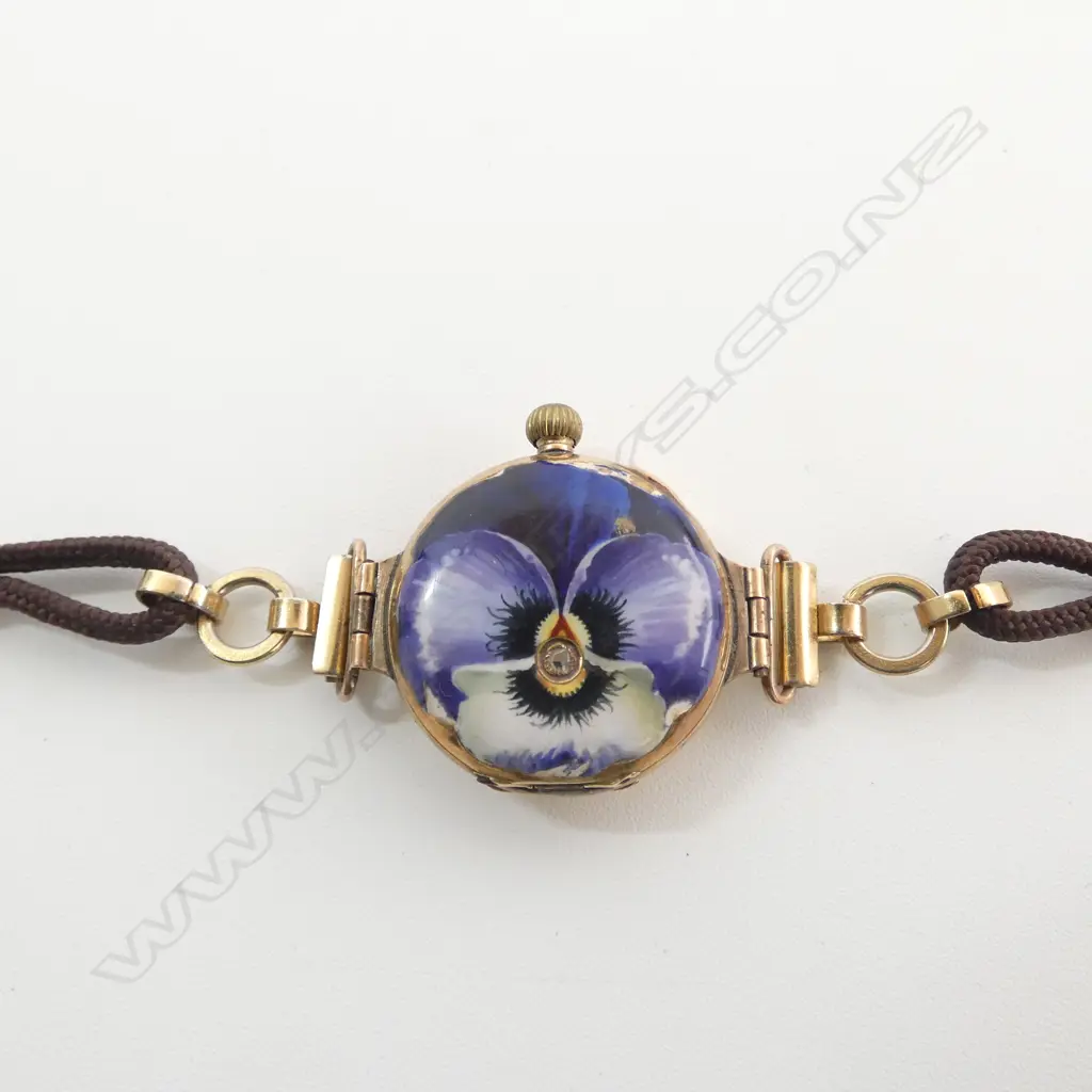 Early 20thC 14ct GOLD & violet flower ENAMEL LADIES WRIST WATCH w diamond. Cord strap. 20gms total  Image 1++