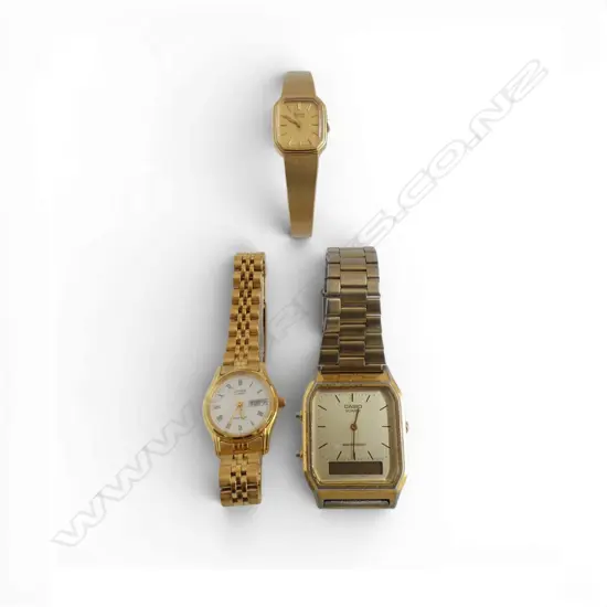 3 GOLD TONE WRIST WATCHES; CASIO, SEIKO, CITIZEN