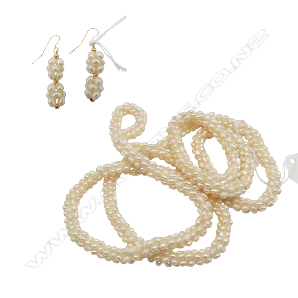 ROPE STRING OF FRESH WATER PEARLS L460MM & PR MATCHING EARRINGS Image 1++
