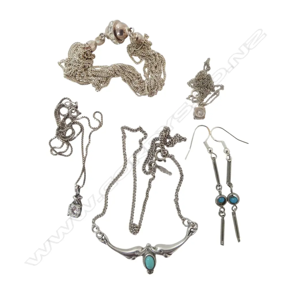 ARTS & CRAFTS STYLE SILVER NECKLACE & EARRING SET w turquoise + 2 gem pendant necklaces + multi strand bracelet Image 1++